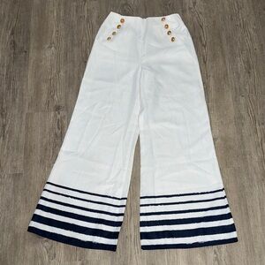 Main Strip Cream Wide Leg Pants with Navy Stripes